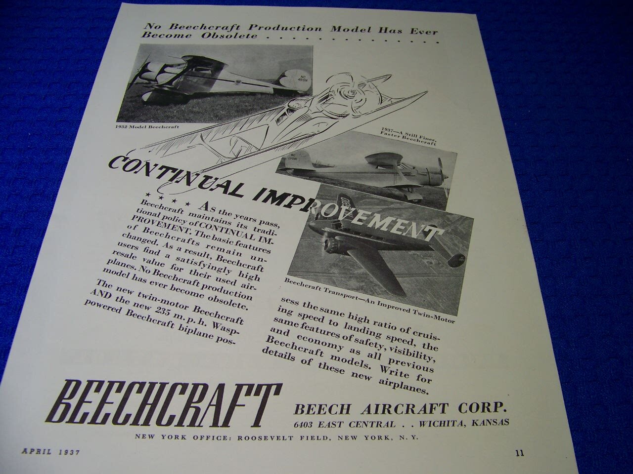 1937 BEECHCRAFT STAGGERWING “CONTINUAL IMPROVEMENT..” 1-PAGE SALES AD (872FF)