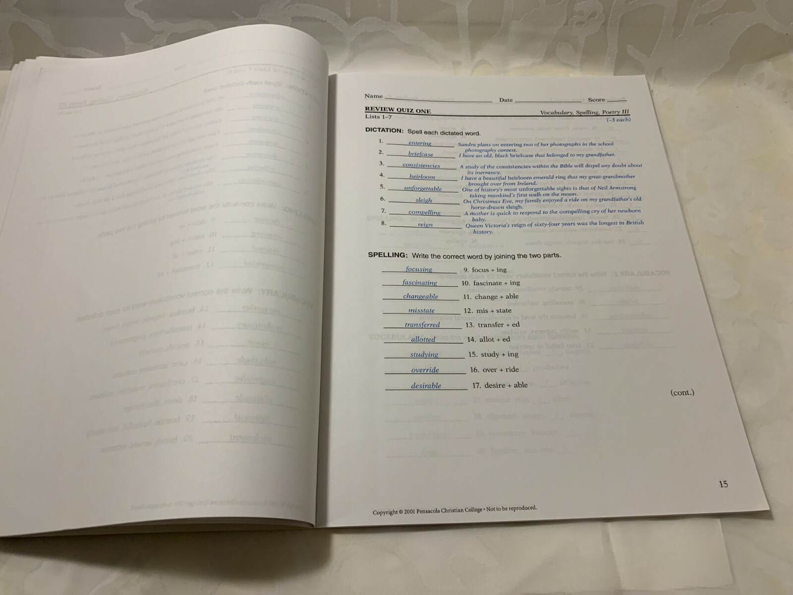 A Beka Book Vocabulary Spelling Poetry III Quizzes Teacher Key 9th Grade 2005