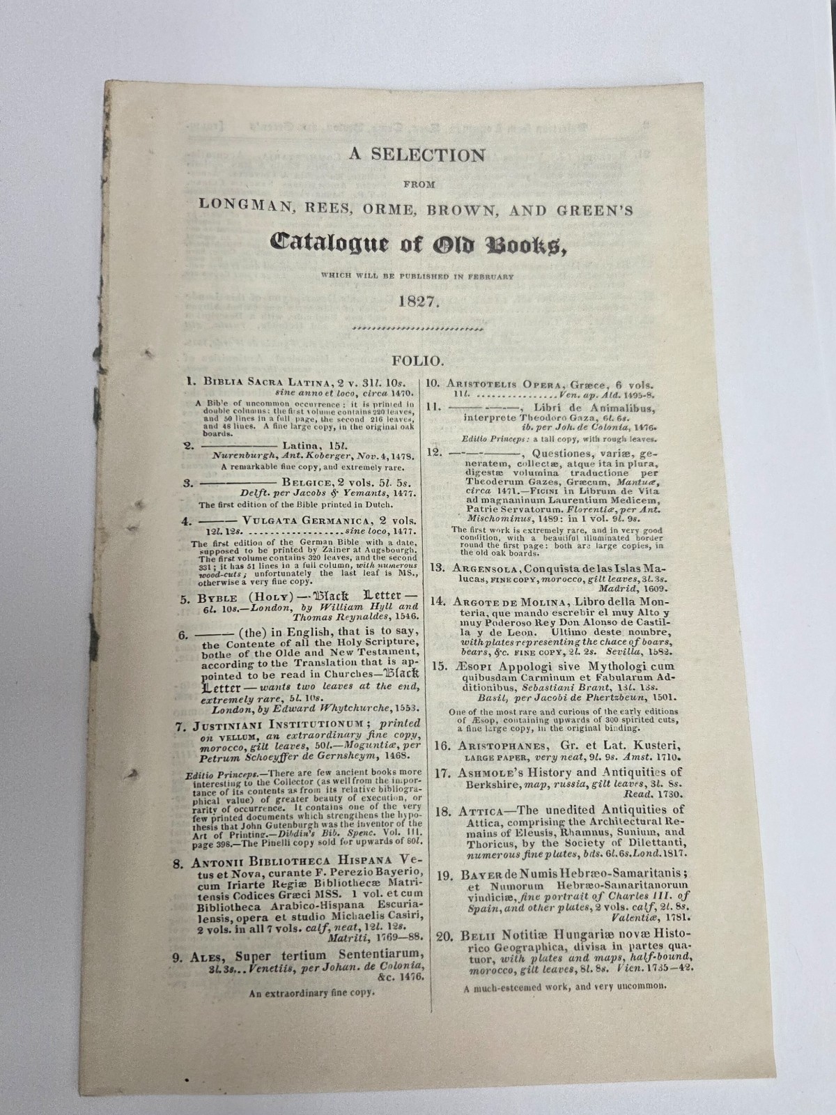 Rare February 1827 Longman Book & Publications Catalog 16 Pages London