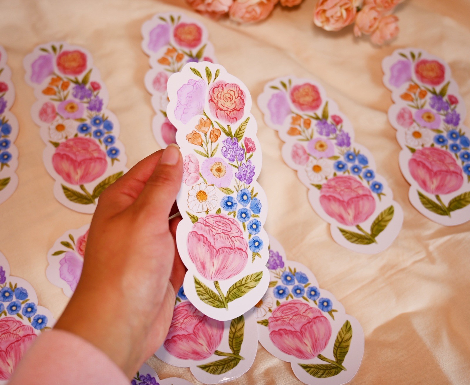 Floral Laminated Paper Bookmarks, Rectangle, Purple Pink Blue