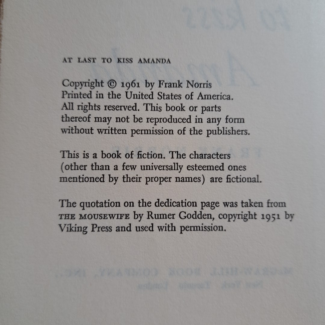 At Last To Kiss Amanda, Frank Norris💥1961 HC BCE McGraw-Hill 214 Pages