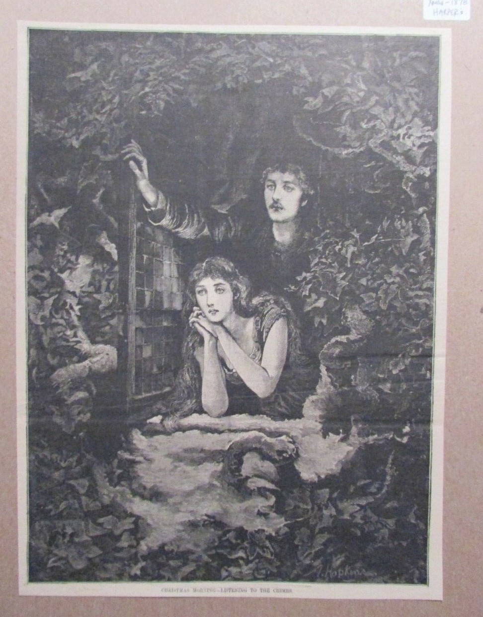 1875 CHRISTMAS MORING 9.25×12.25″ Magazine Illustration FN+ 6.5 Listening Chimes