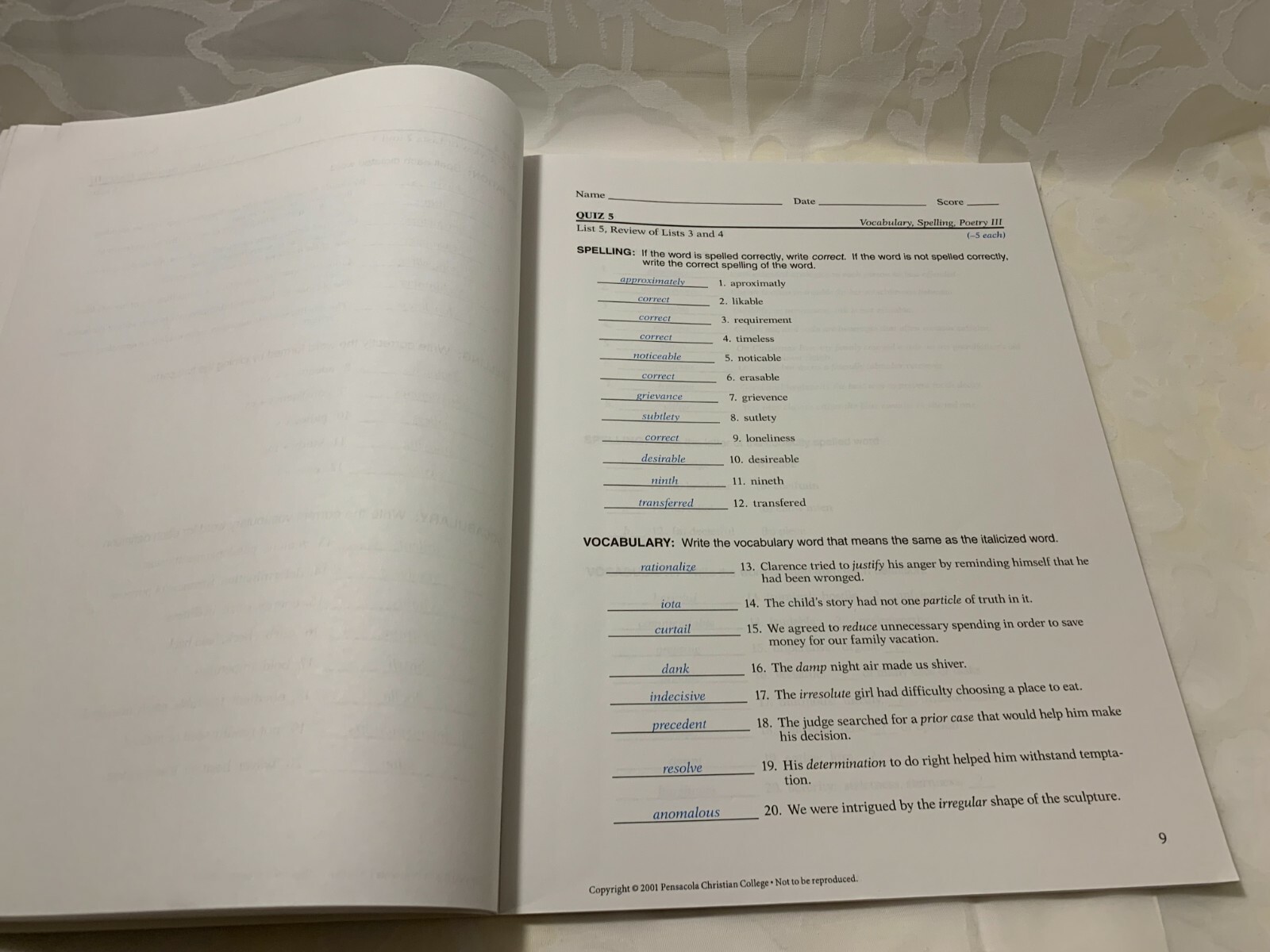 A Beka Book Vocabulary Spelling Poetry III Quizzes Teacher Key 9th Grade 2005