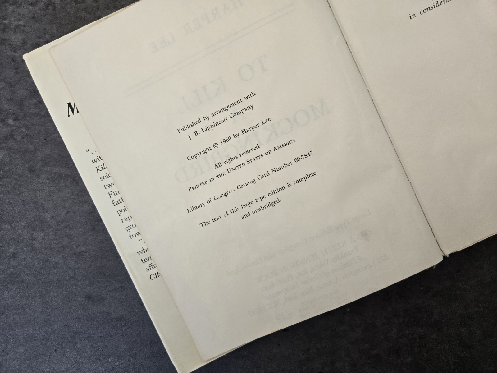 Harper Lee TO KILL A MOCKINGBIRD Large Type Hardcover 1960 Vintage Book
