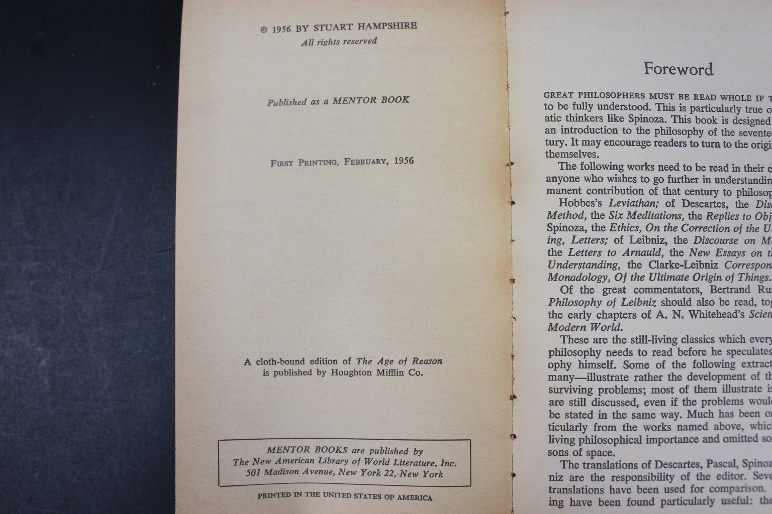 Age of Reason Stuart Hampshire 1956 1st Printing Mentor Philosophers 17th PB~VG