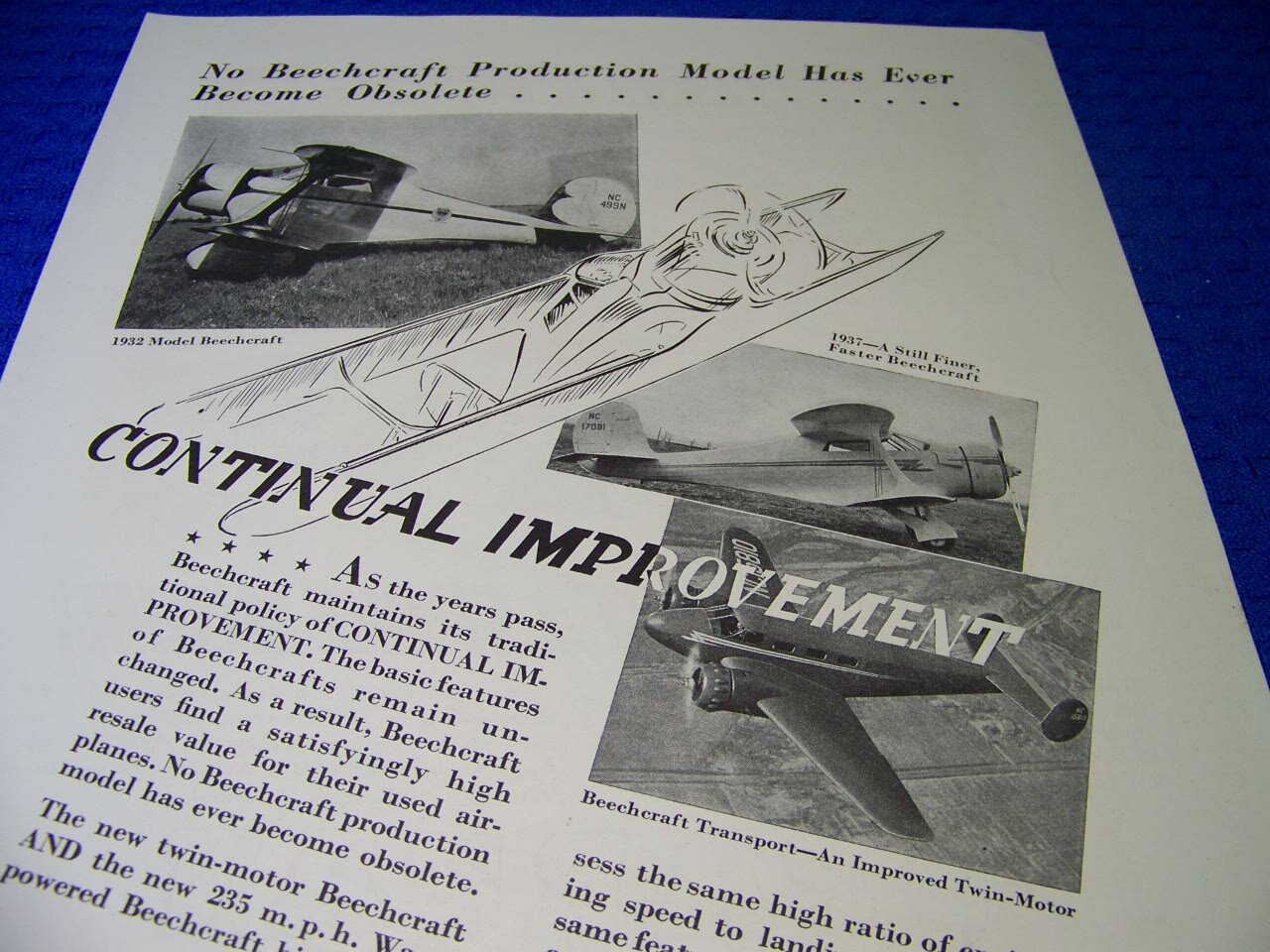 1937 BEECHCRAFT STAGGERWING “CONTINUAL IMPROVEMENT..” 1-PAGE SALES AD (872FF)