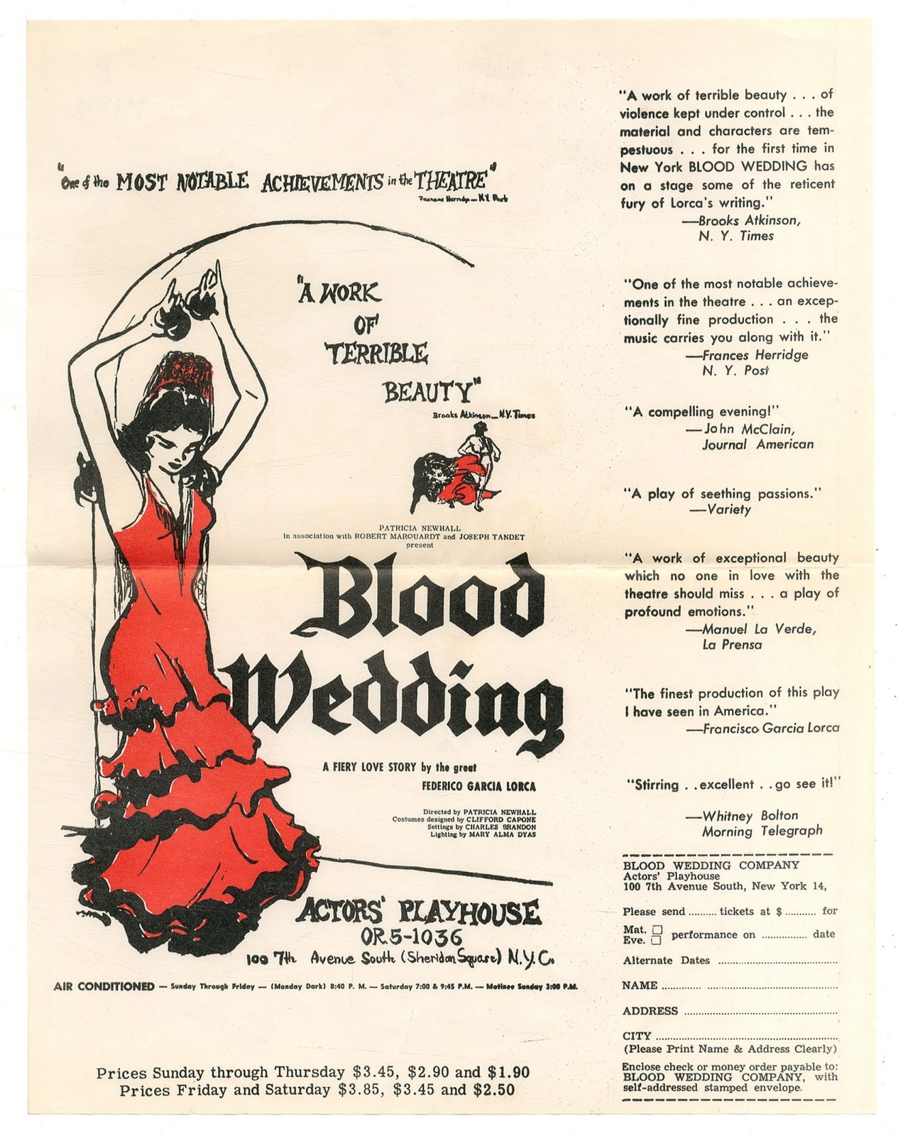 Federico García LORCA / Off-Broadway Advertising Handbill Blood 1st 1958