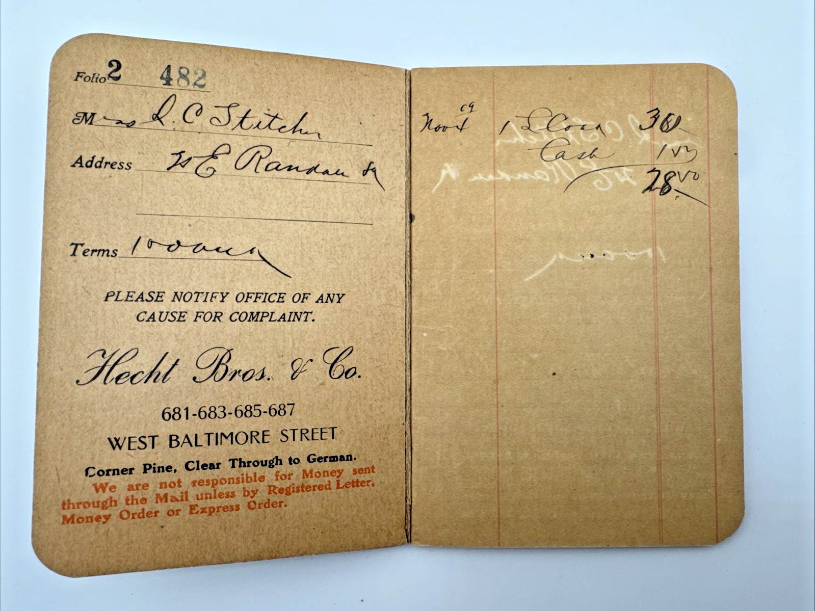 Baltimore MD HECHT BROS. & CO. 1909 Personal Store Ledger Book Antique