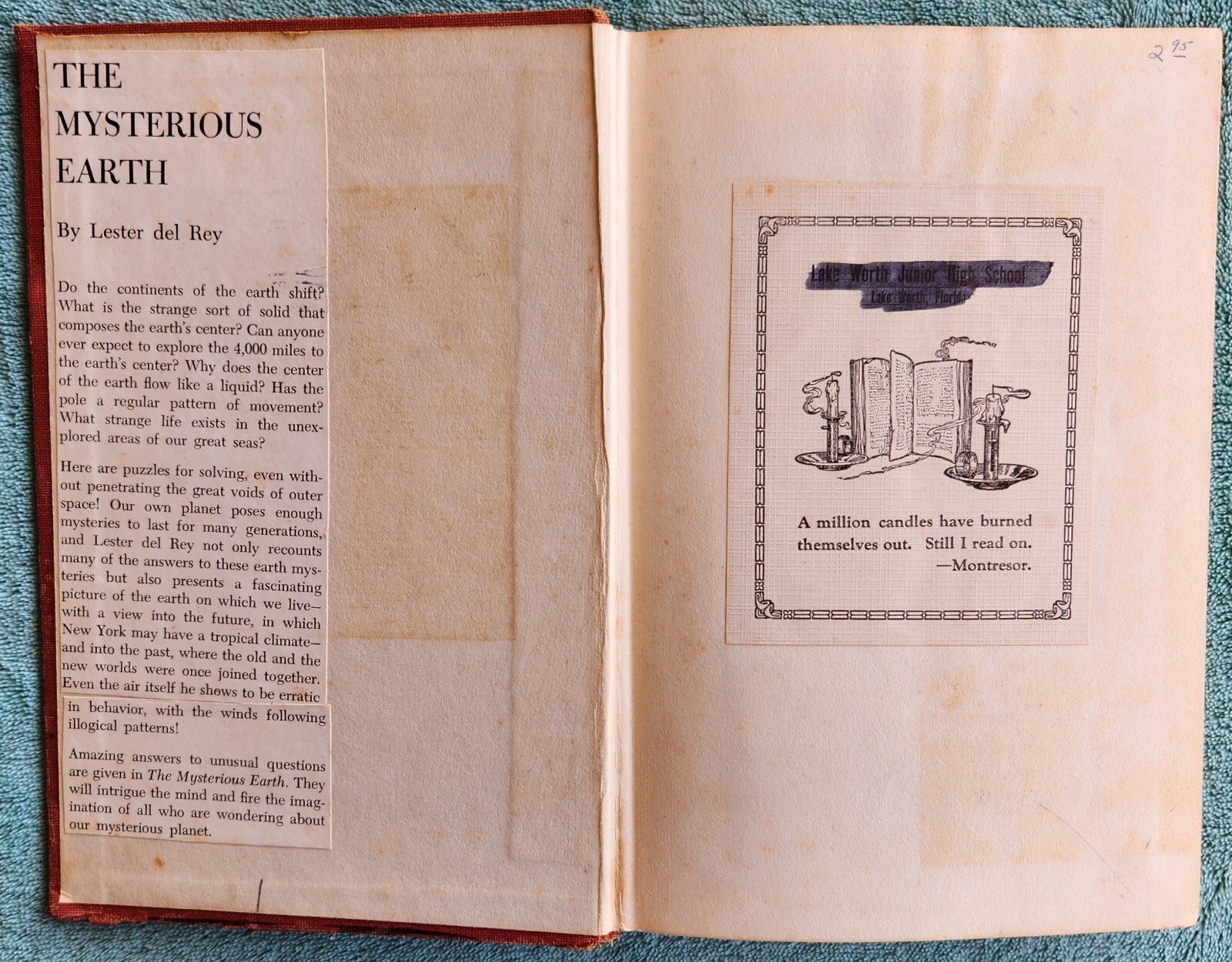 The Mysterious Earth By Lester Del Rey 1960 Hardcover 214 Pages – Library Copy