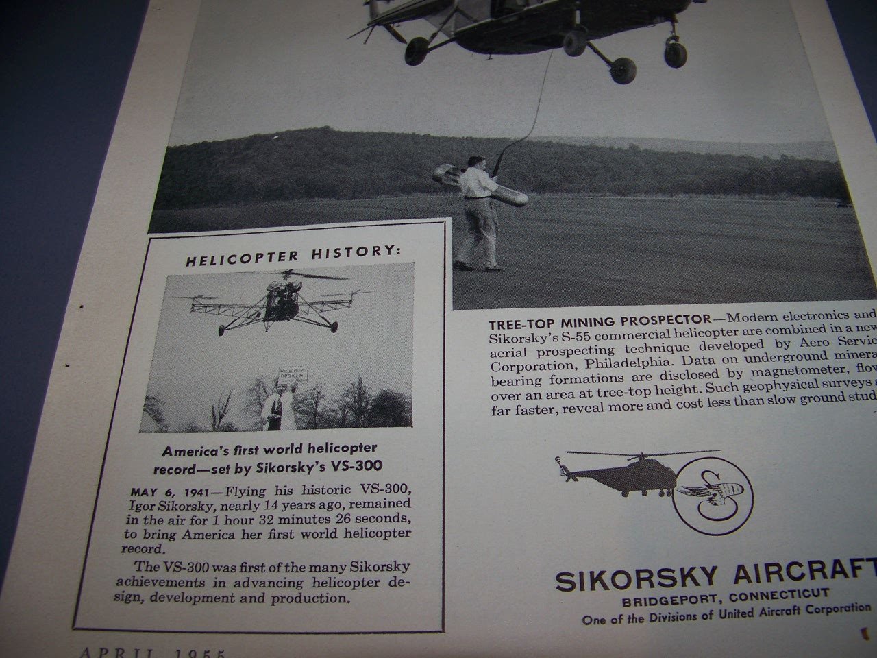 VINTAGE..1955 SIKORSKY S-55 HELICOPTER..1-PAGE SALES AD…RARE! (872R)