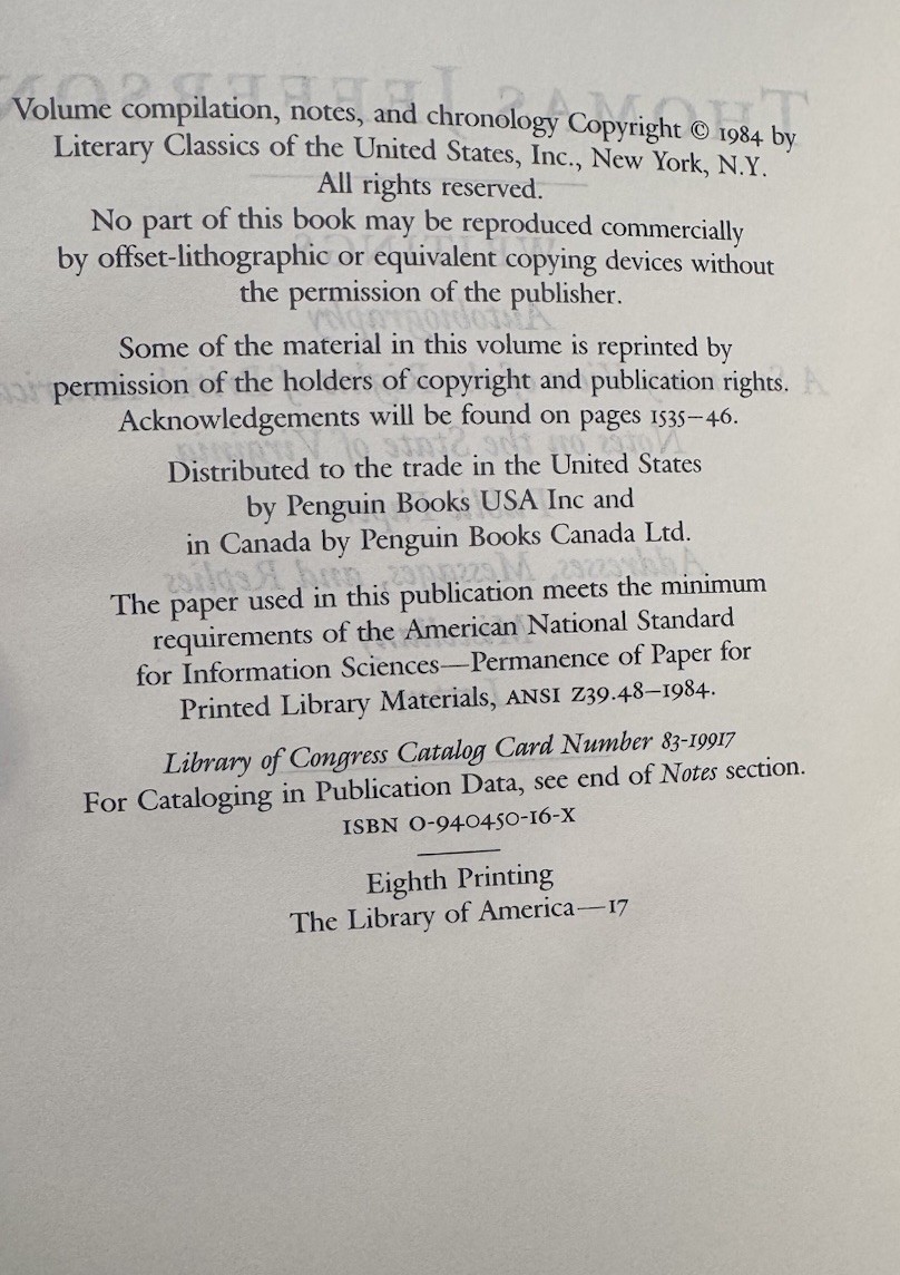 Thomas Jefferson Writings – Library of America w/Slipcase *NEAR MINT* 1600 Pages