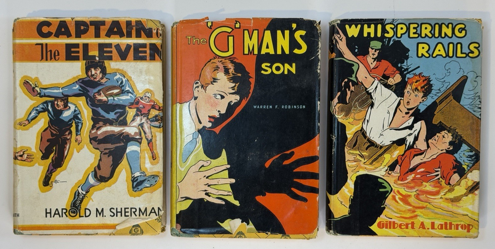 1930s Goldsmith Boys Books Lot w/ Vivid DJs: G-Man, Whispering Rails & Football!