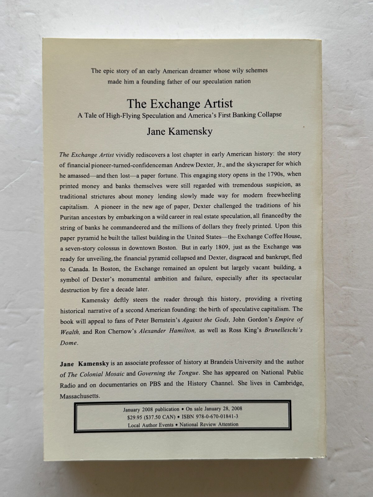 The Exchange Artist by Jane Kamensky Advanced Reading Copy ARC & Agent’s letter