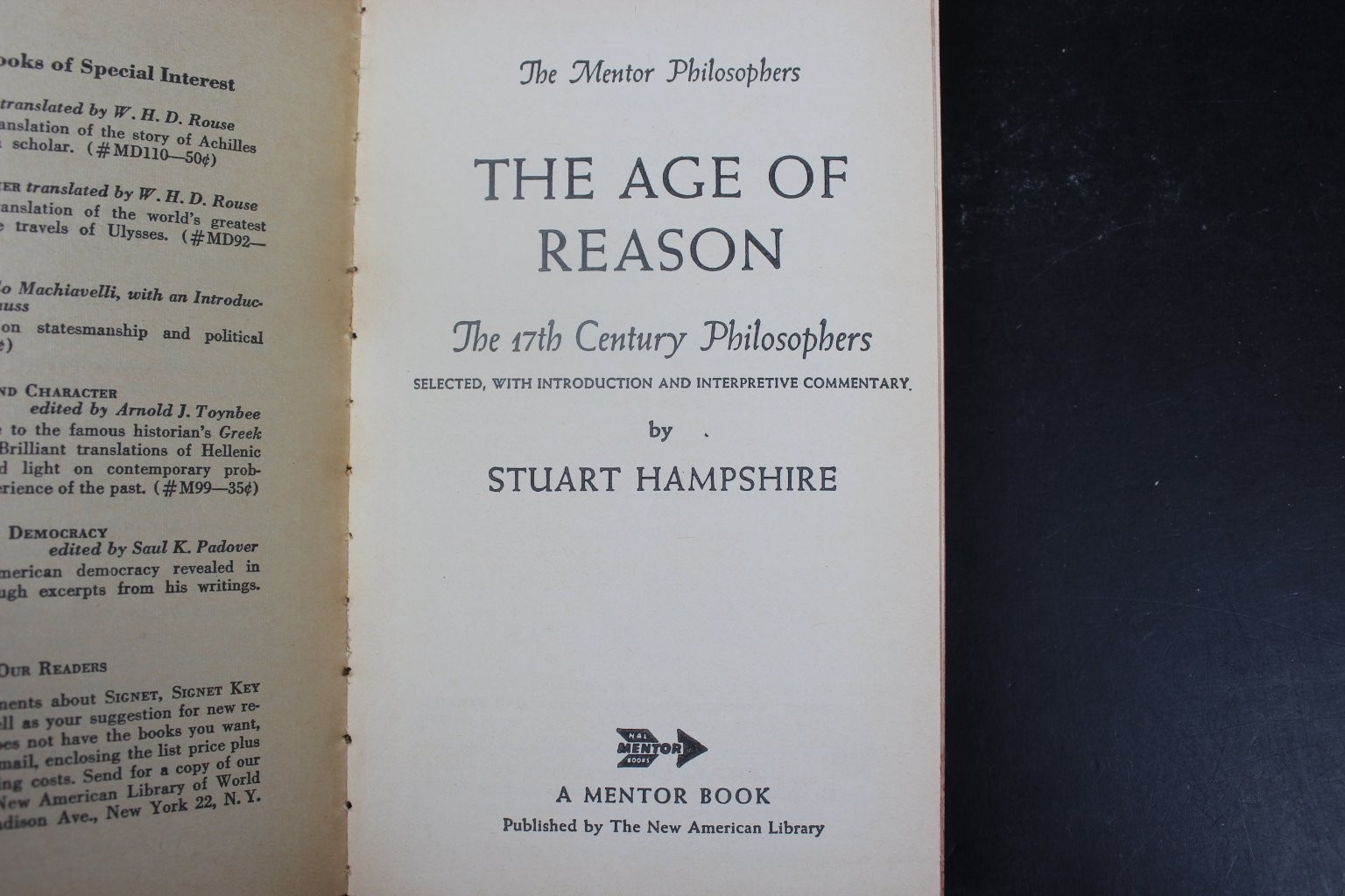 Age of Reason Stuart Hampshire 1956 1st Printing Mentor Philosophers 17th PB~VG