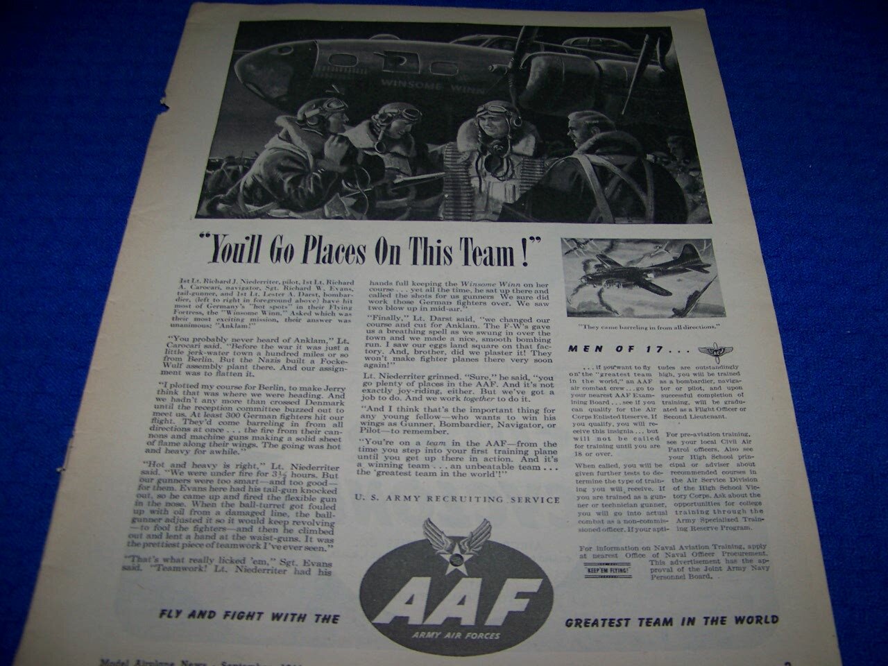 ORIGINAL 1944.. B-17 FLYING FORTRESS “ARMY AIR FORCES”..1-PAGE SALES AD (776CC)