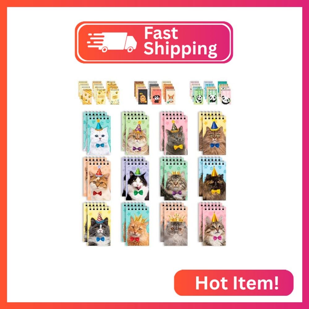 Decorably 24 Pack Spiral Cat Party Favors for Kids – 12 Kitty Designs 2.4x4in Mi