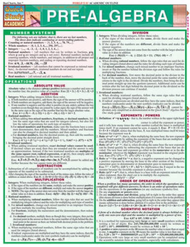 Pre-Algebra (Quickstudy: Academic) – Pamphlet By BarCharts, Inc. – VERY GOOD