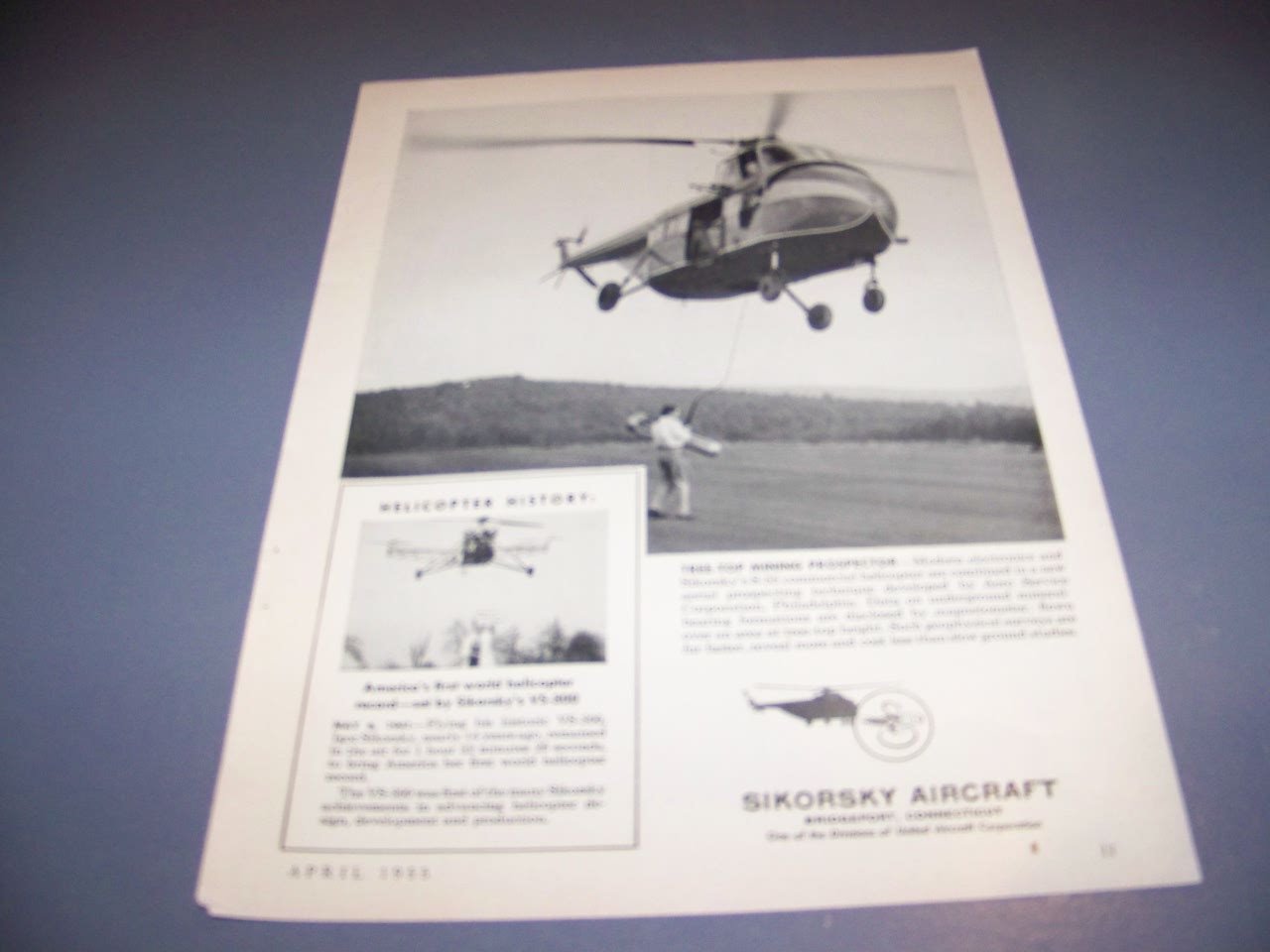 VINTAGE..1955 SIKORSKY S-55 HELICOPTER..1-PAGE SALES AD…RARE! (872R)