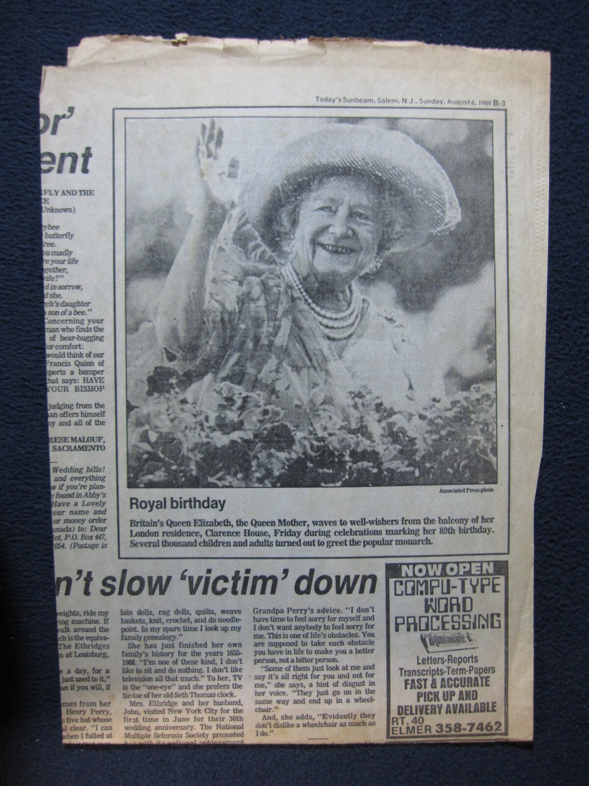 Queen Mother Birthday August 6 1989 Today’s Sunbeam Salem NJ Newspaper Clipping