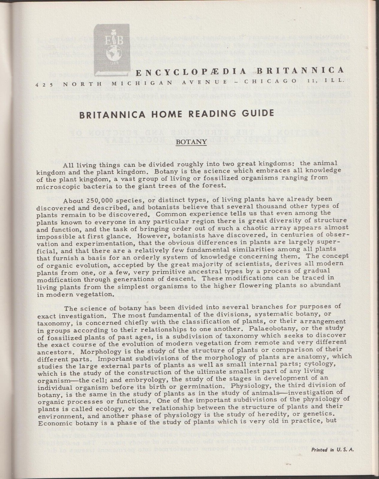 1962 BRITANNICA Botany Home Reading Guide Booklet 38 Pages