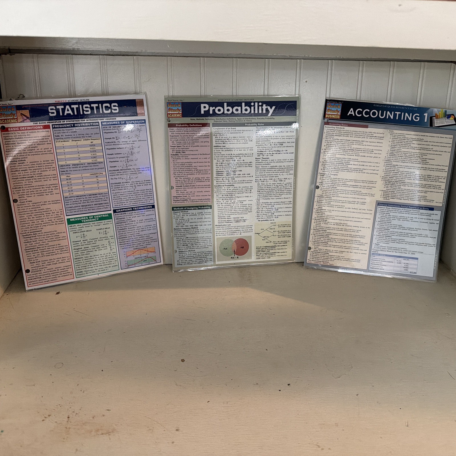 Lot Of 3 BarCharts, Inc laminated study guides, accounting, probability stats