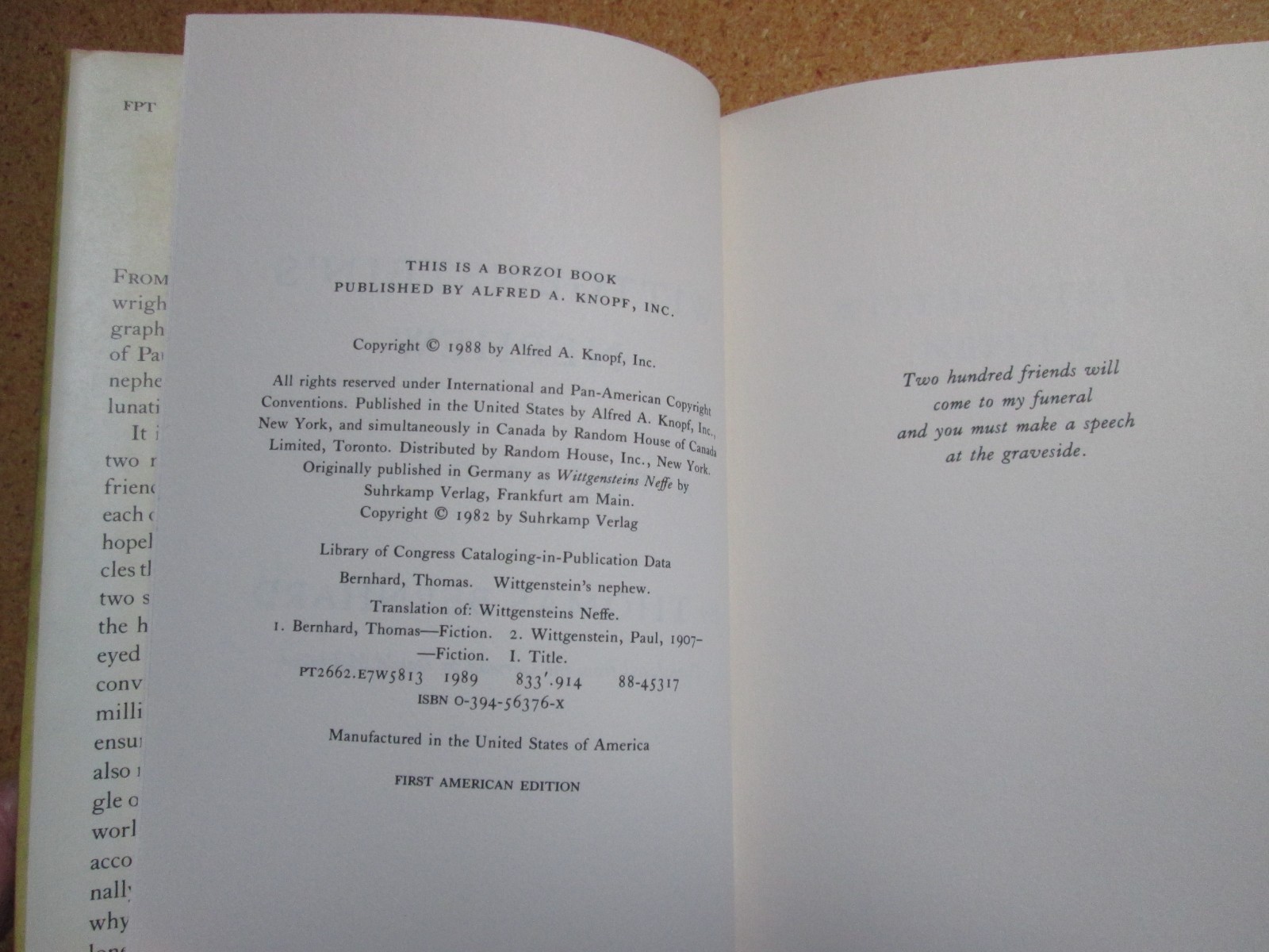 Thomas Bernhard hardback Wittgenstein’s Nephew 1989 1st American Edition